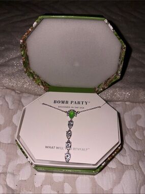 Bomb Party Silver Necklace with Green Teardrop Accent